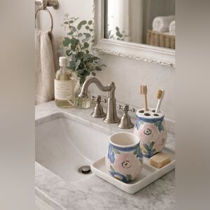 Hand-Painted HII Floral Ceramic Toothbrush Holder & Tumbler Set